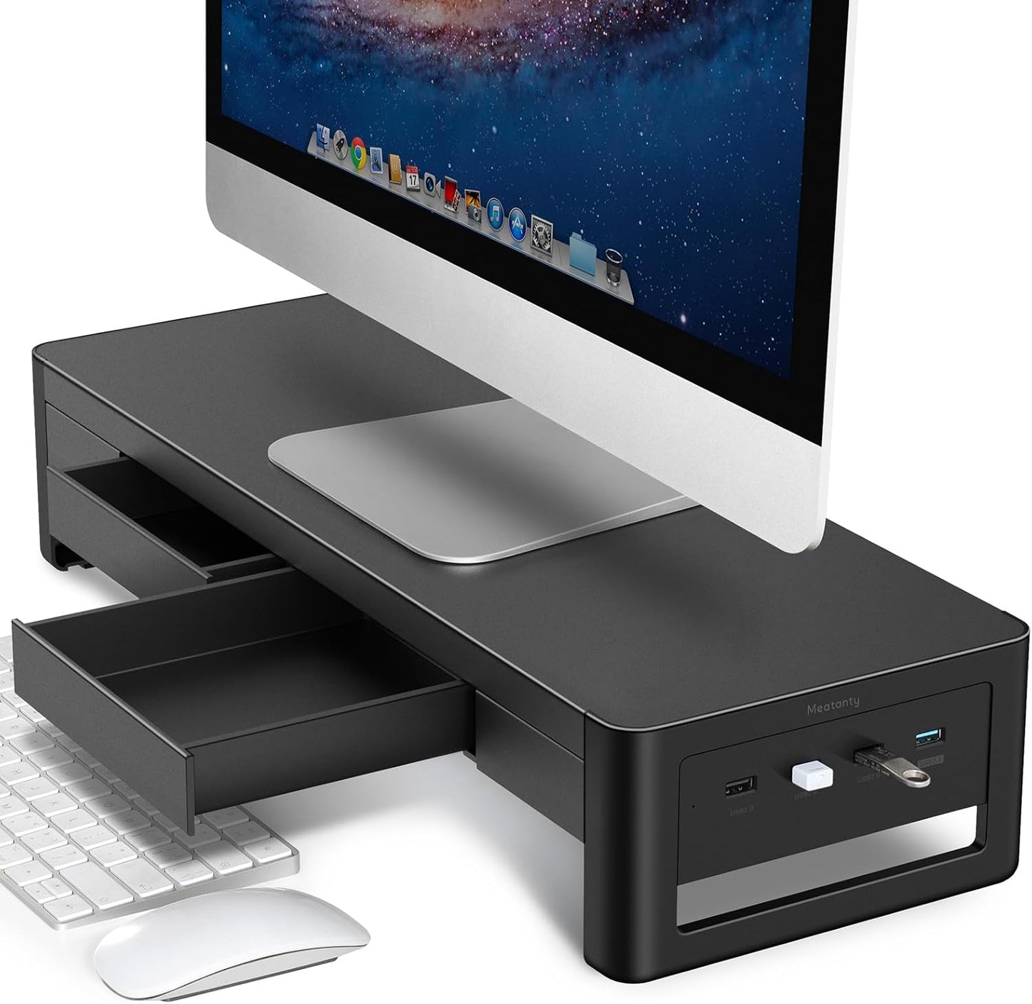 meatanty 2 in 1 Monitor Stand Riser with 2 Storage Drawers and 4 USB Ports, Metal Computer Monitor Stand Supports Transfer Data and Charging, Desk Organizer for PC,Laptop,iMac (21 inches)