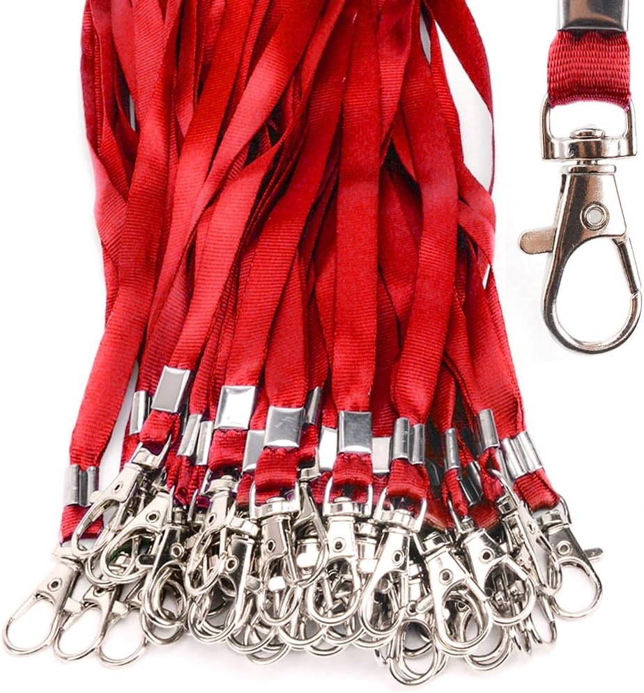 Lanyards 50 Pcs Bulk Lanyard for Id Badges Flat Red Lanyard with Badge Clip Swivel Hook (50, Red)