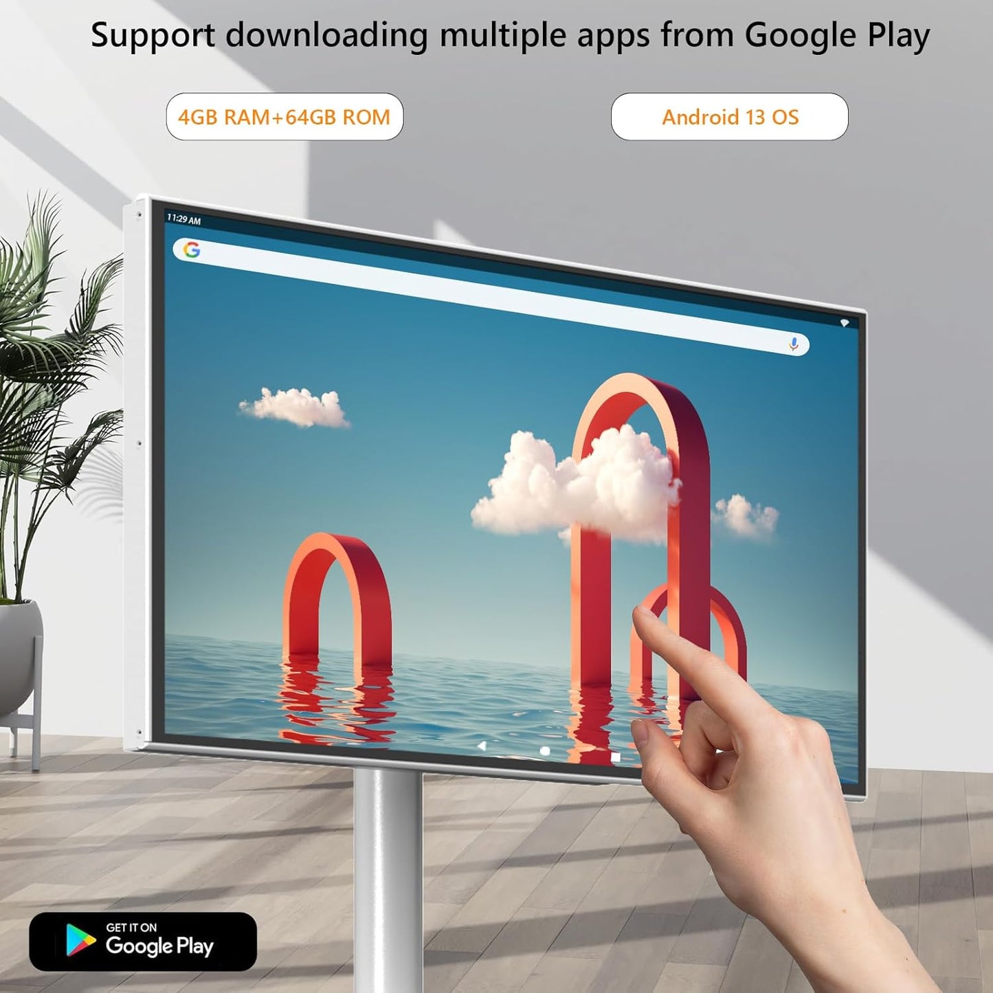 OFD 22-Inch Portable TV on Wheels 1080P,4GB RAM+64GB ROM,Rotating Touchscreen Monitor 100% sRGB,Portable Tablet with Base,Android 13 OS,6000mAh Battery(4-6H),Rolling TV(Without Webcam),White