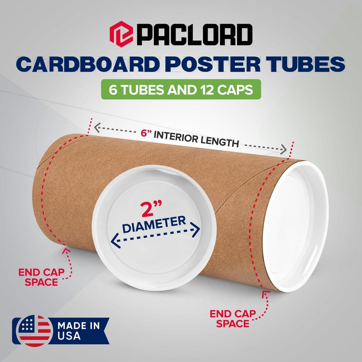 2" x 6" Reinforced Kraft Paper Mailing Tubes, Pack of 6 Tubes with 2 Caps Each – USPS Approved Poster Tube – Made in USA Cardboard Tube for Shipping and Storing Posters, Prints, Artwork, or Documents