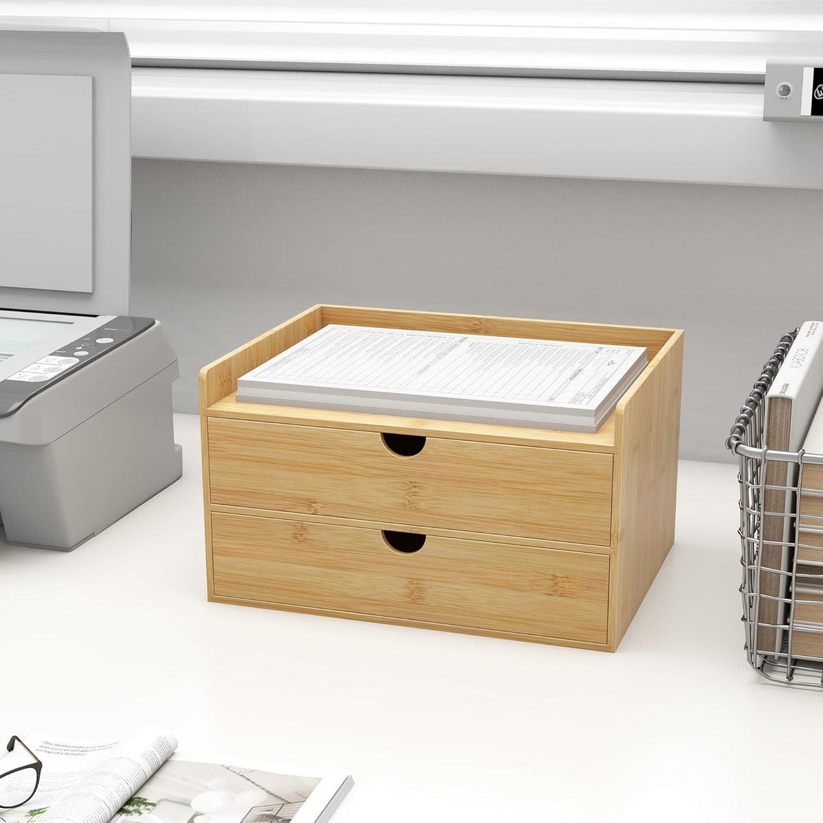 Wisuce Bamboo Desk Drawer Organizer, Large Desktop Organizer with Drawers Tabletop Storage Organization Box for Office Home Toiletries Supplies Vanity, No Assembly Required (2 Drawer with Shelf)