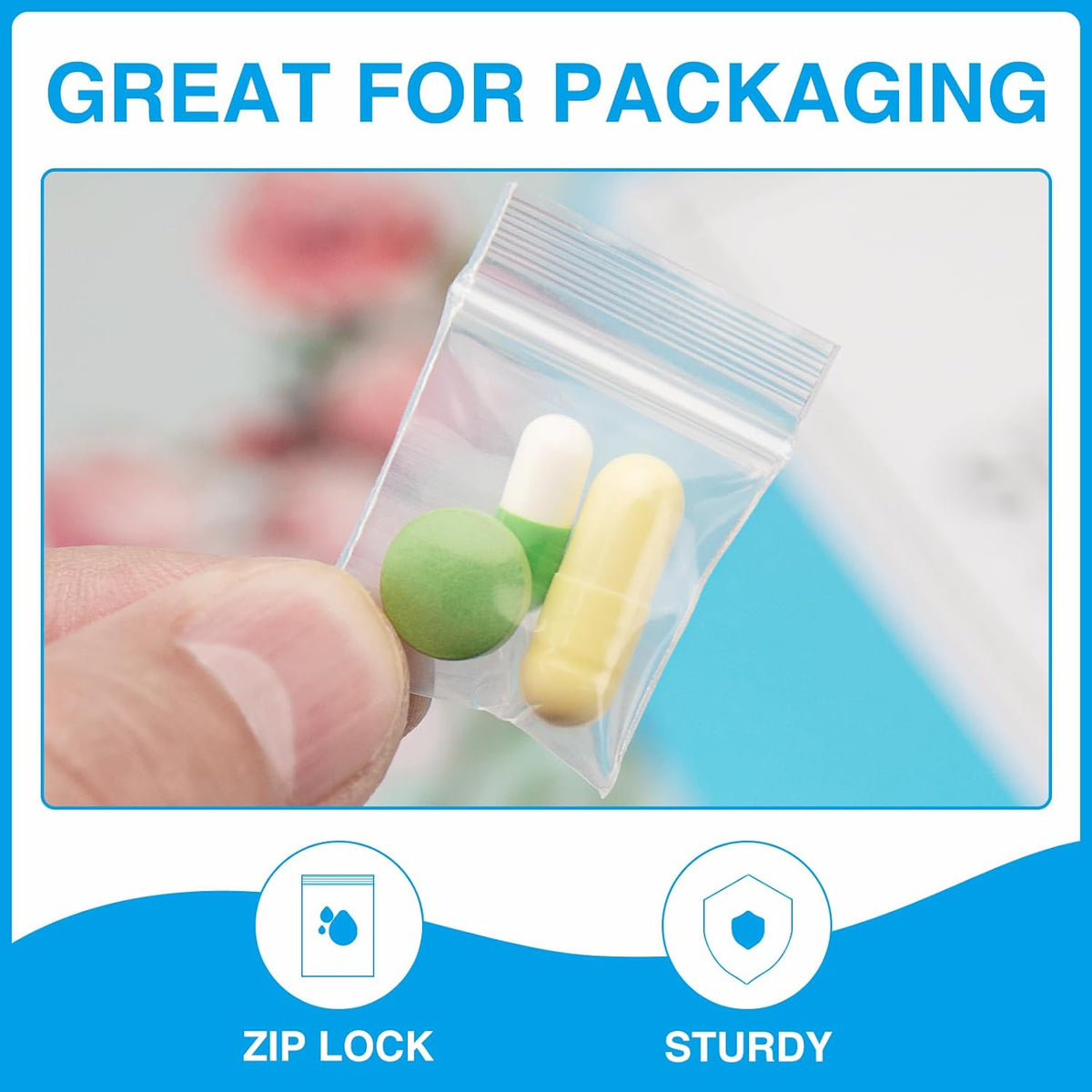 300pcs 1" x 1" Plastic Zip Bags, 2 mil Thick, Clear Small Pill Bag, Mini Zip Baggies, Reclosable Zipper Poly Bag for Travel, Storage, Packaging