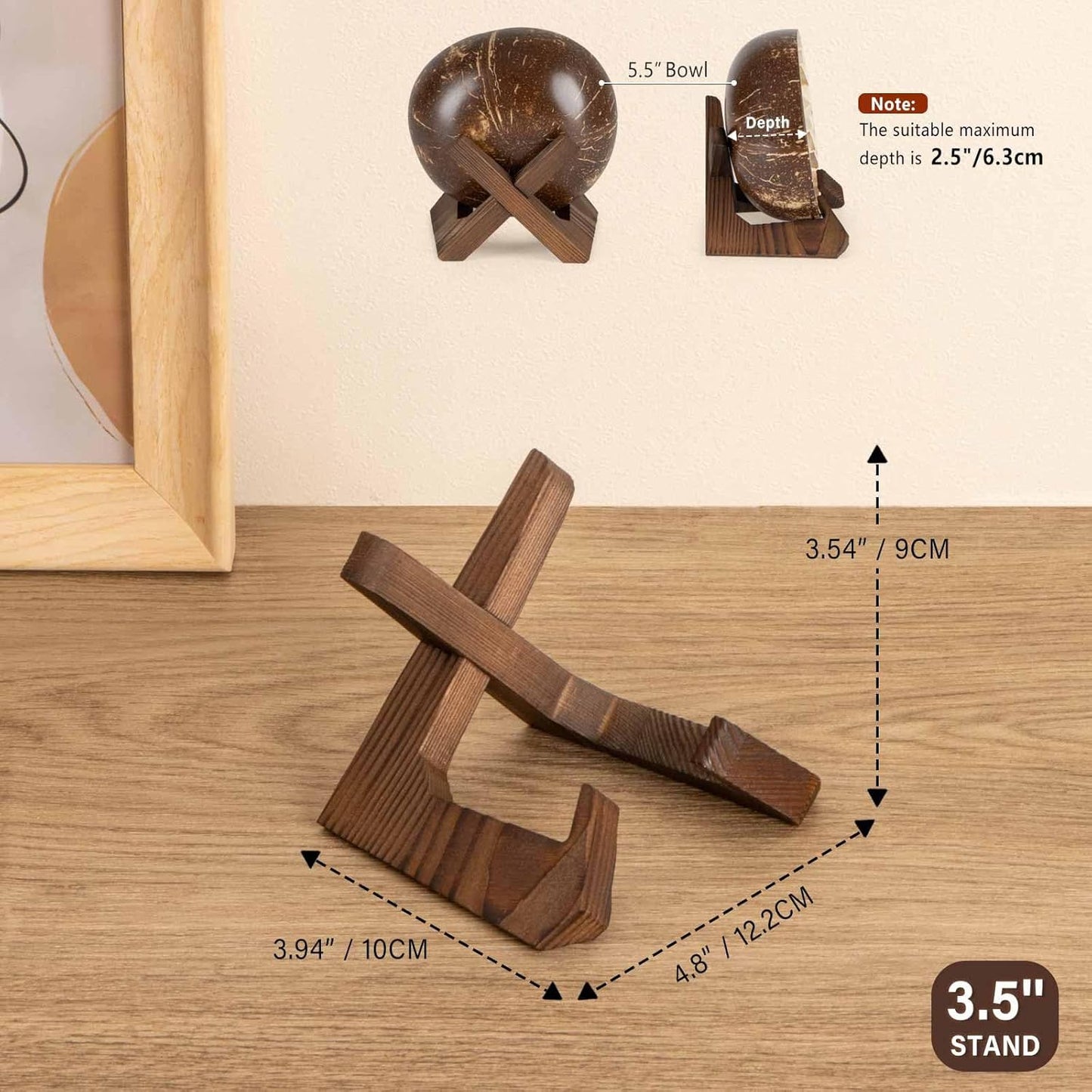 Bowl Stands for Display, 3 Pack 3.5 Inch Plate Holder, Wooden Easel Frame Holder, Display Stand for Large Deep Platters and Dishes, 3.5" H x 4.8" W x 4" D (For Bowls under 2.5" in Depth)