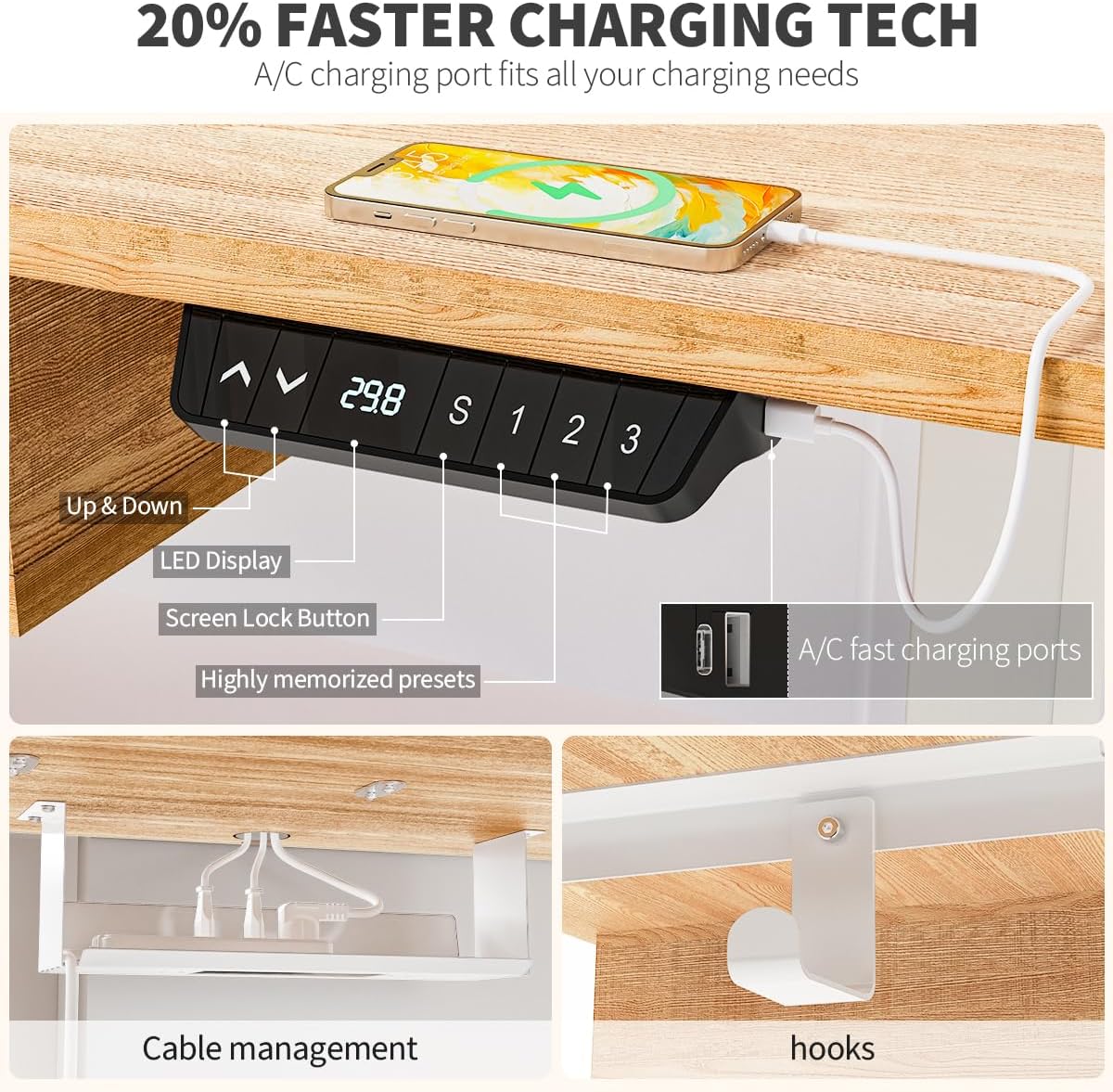 Standing Desk with Fast Charging USB Ports, 55" x 30" Height Adjustable Home Office & Gaming Desk, Sit Stand Desk with Built-in Storage Shelf, Hook & Ergonomic Design(Maple)