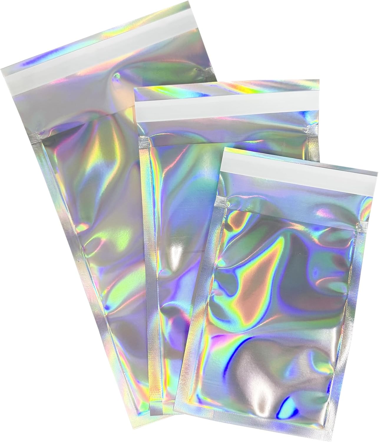 PABCK 100 Pack 2.95x3.94+1.18 inch Holographic Metallic Poly Mailers Self Sealing Packaging Aluminum Foil Glitter Bags Shipping Envelopes Mailing Storage Pouches for Shipping Packaging