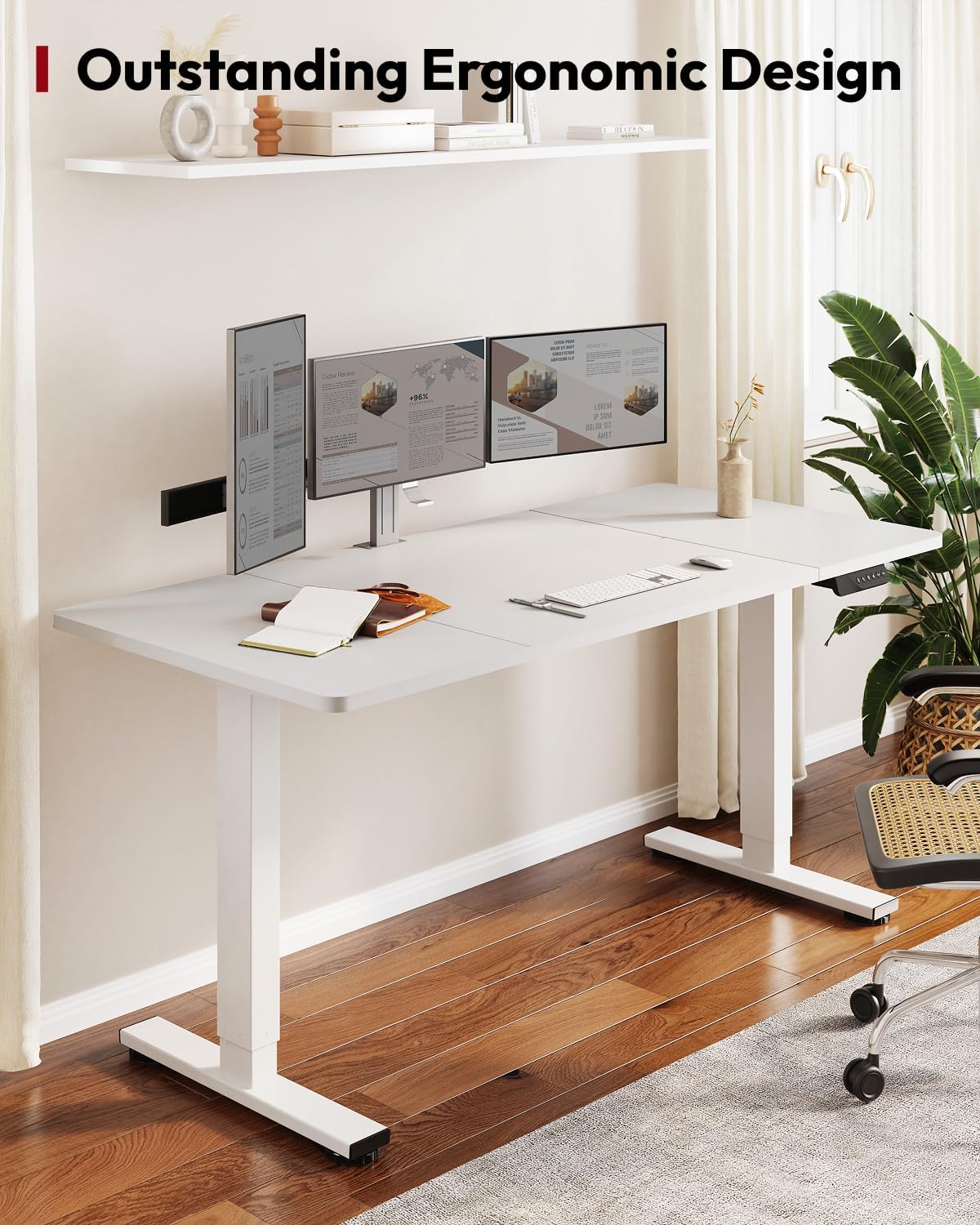 SANODESK Standing Desk Height Adjustable Electric Stand up Desk 63x28 Inches Sit Stand Home Office with Splice Board, White Frame/White Top