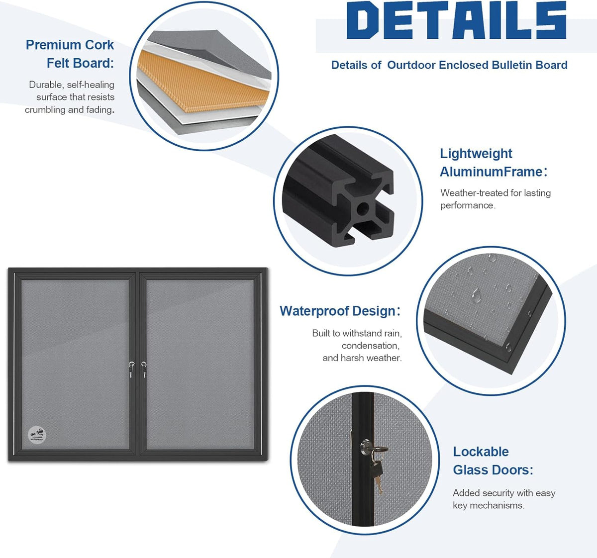 Weatherproof Enclosed Bulletin Board 44x32 Inch, Lockable Wall-Mounted Outdoor Grey Felt Noticeboard, Aluminum Frame Weather-Resistant Display Case for Office, School, Community