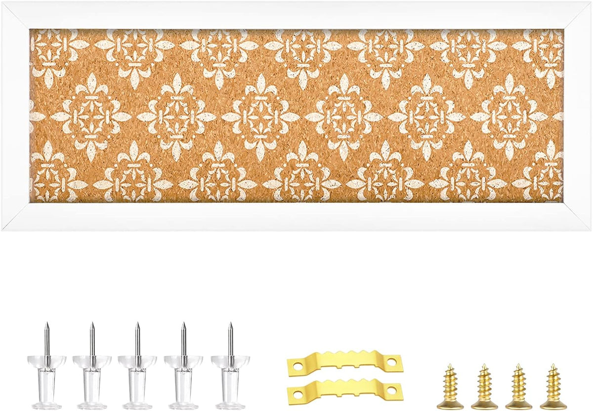 Long Decorative Cork Board for Walls, Bulletin Board with Floral Print, White Framed Pin Board Vision Board for Office School Bedroom and Dorm Room with Pins, Screws(1540,1pc)