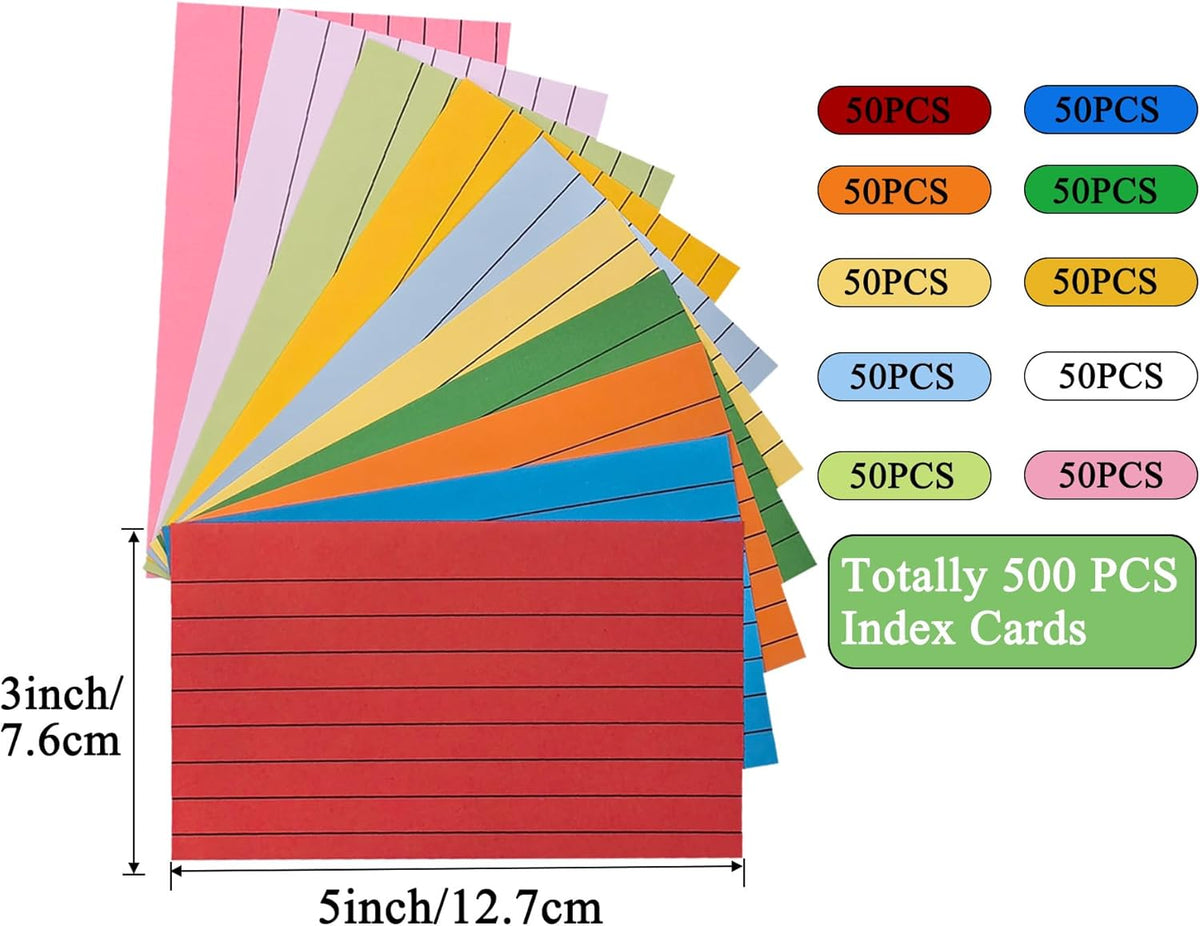 Index Cards 500Pcs, 3 x 5 Inches Ruled Index Cards, Colored Index Flash Cards, Lined on Both Side Colored Notecards for Study, Learning, Memory, Recipe Cards (10 Colors)