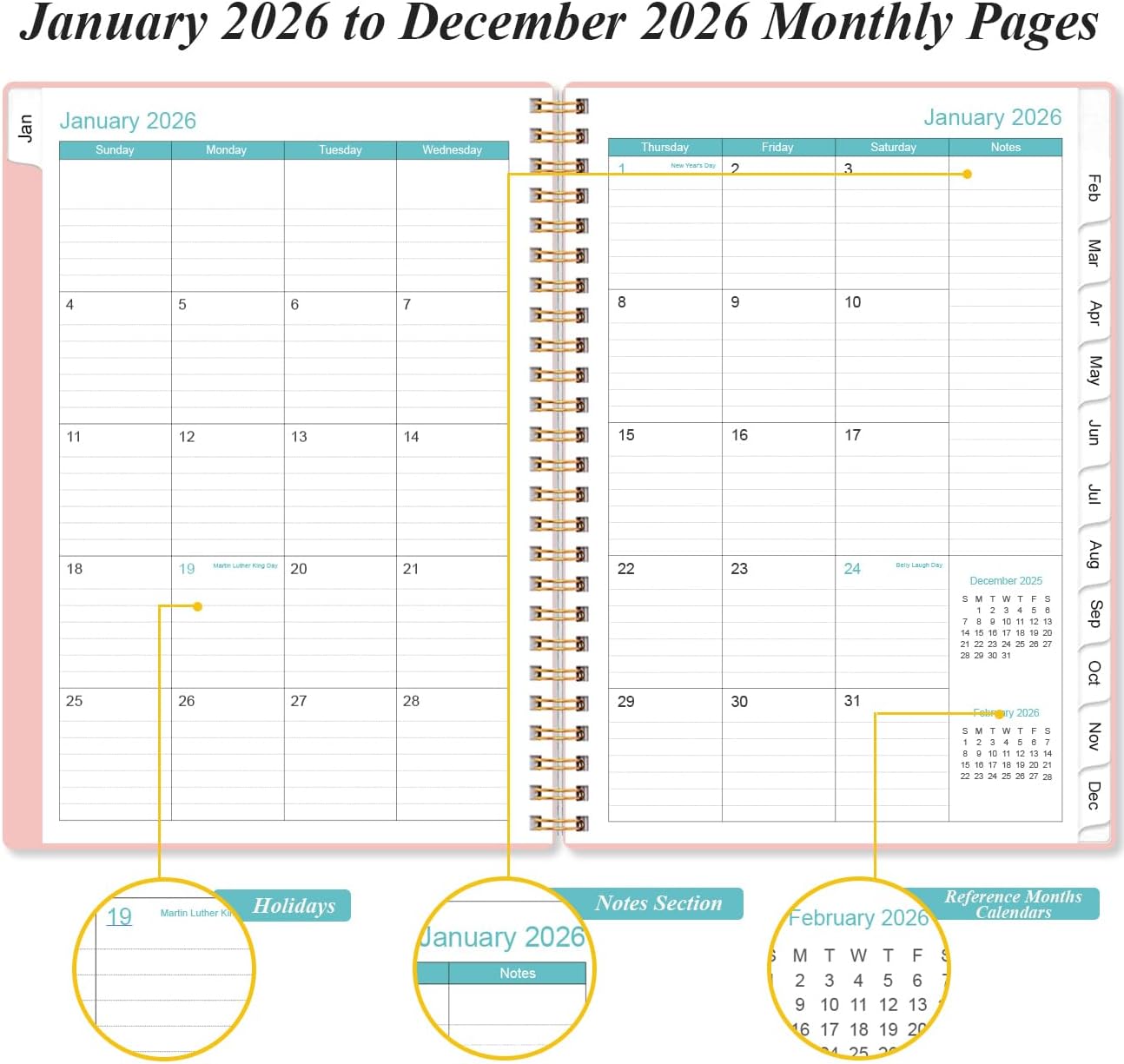 2026 Planner - Planner 2026 from January 2026 - December 2026, Weekly & Monthly Planner Spiral Bound with 12 Monthly Tabs, Inner Pocket, 6.4" x 8.5", Pink-A