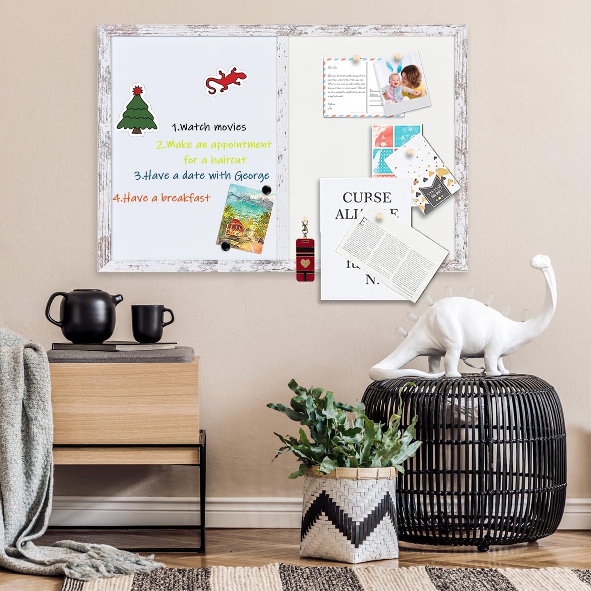 Bulletin Board Whiteboard White Felt Board Combo for Office School Kitchen Bedroom, White Wood Frame,23.6"*35.4",Whiteboard+WH-6090WH