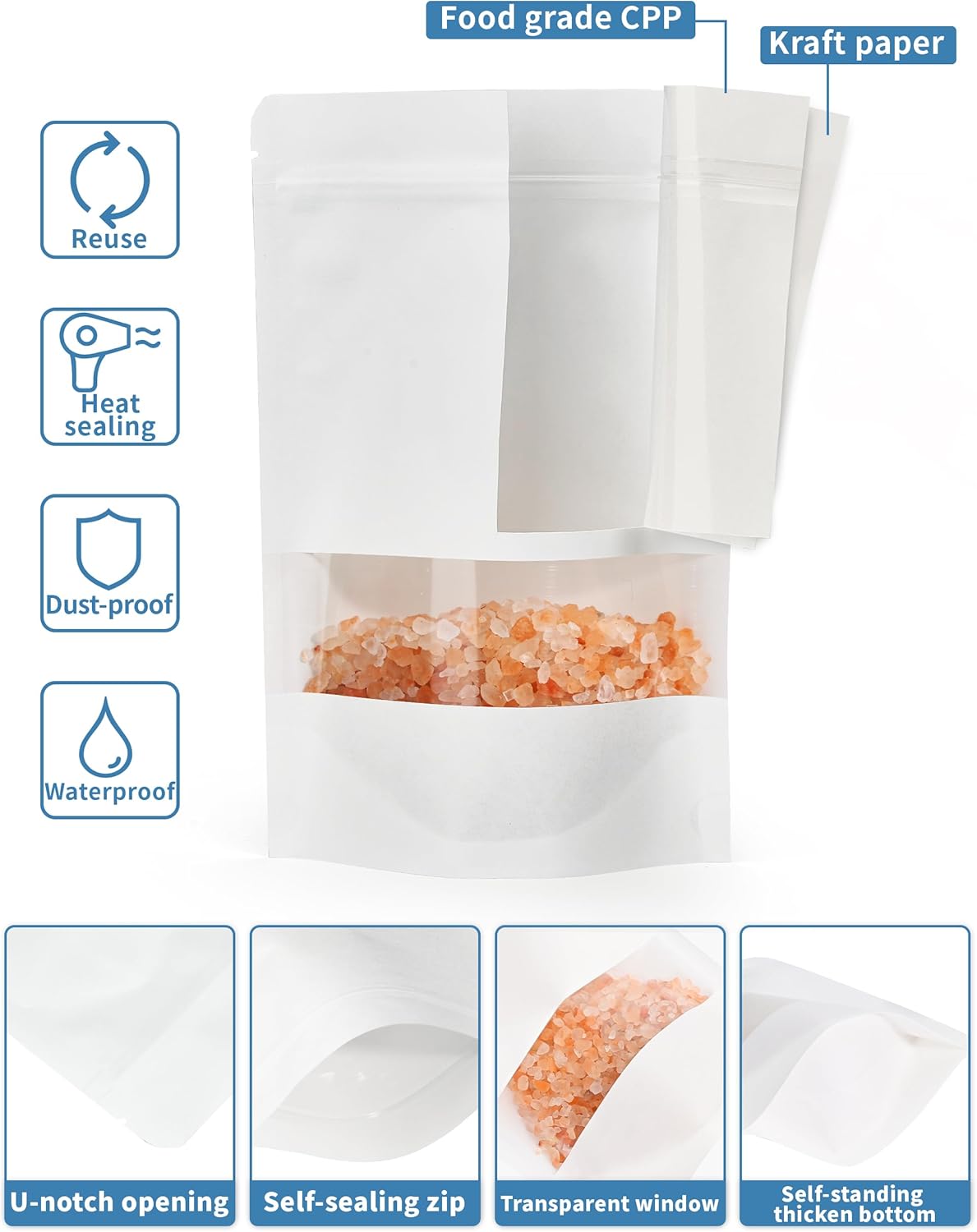 FireKylin 100 Pcs White Paper Bags with Window, 6.3/inch x 8.6/inch Stand Up Pouches Bag, Zipper Food Storage Bags for Packaging Products, Reusable, Sealable