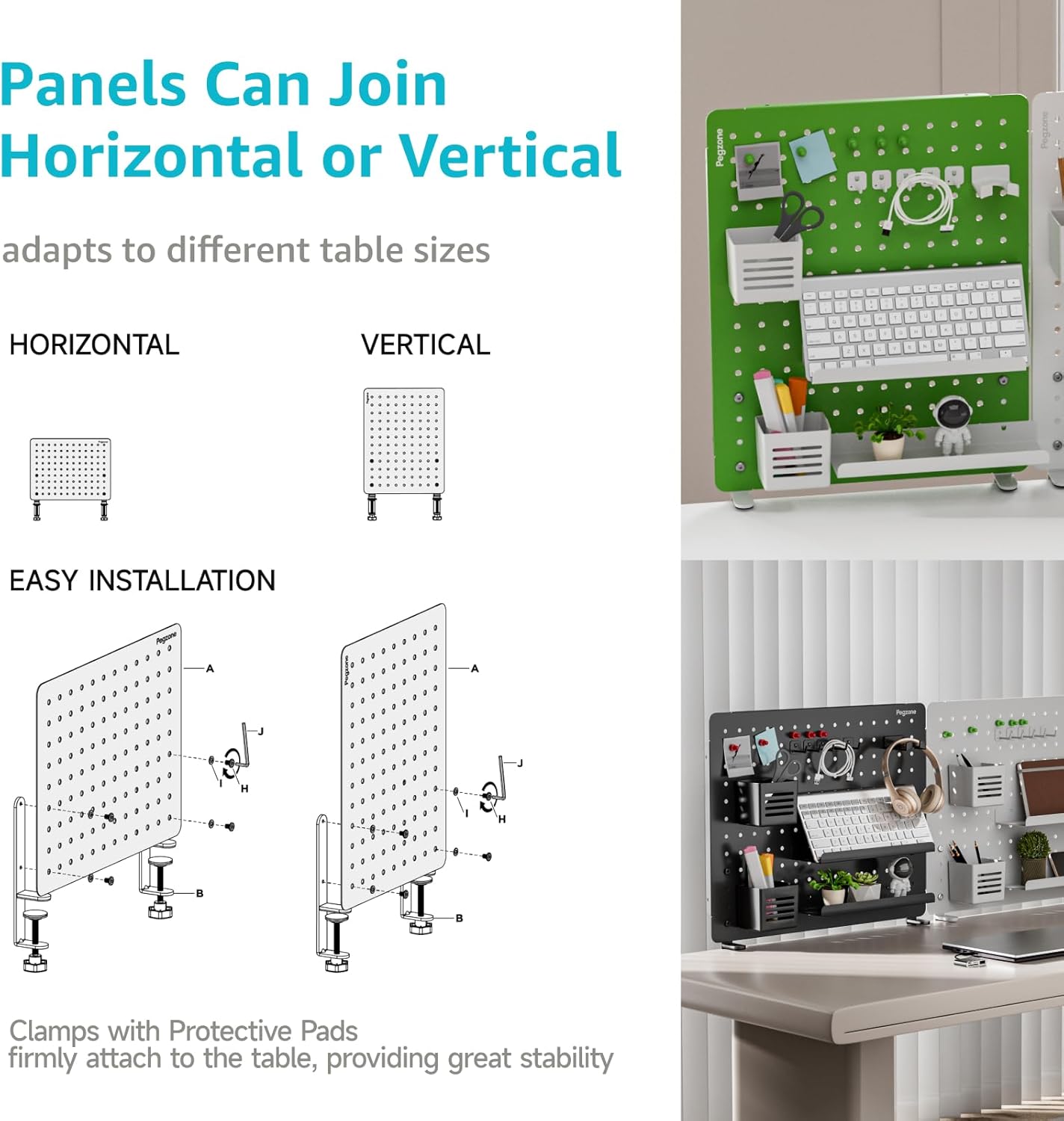 Clamp-on Desk Pegboard, Desk Organizer for Office Gaming Home, Magnetic Metal Peg Board with 15 Accessories, Privacy Panel for Office, 20.4" x 16.5", Large, Black