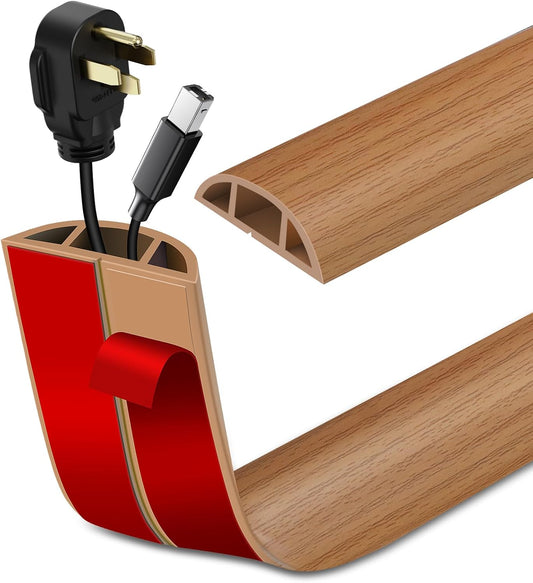 Floor Cord Cover Self Adhesive Cord Hider Floor Extension Cord Covers for Floor Power Cord Protector Cable Management Prevent Cable Trips Cable Cavity 0.59" W x 0.31" H (Light Brown Wood, 20Ft)