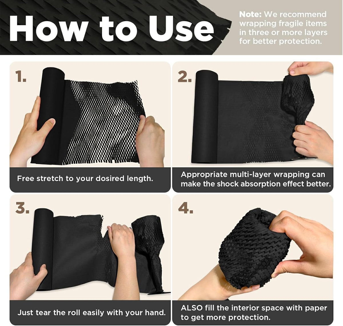 Honeycomb Packing Paper, 12"x400' Black | Perforated Honeycomb Packing Paper Recyclable Moving Supplies for Shipping & Moving | Plastic-Free Alternative to Bubble Cushion Wrap with 36 Fragile Stickers