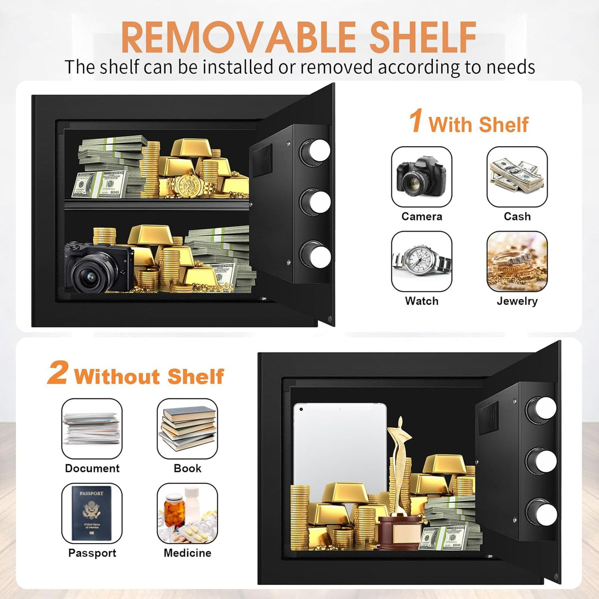 1.5 Cub Fireproof Safe for HOME USE, Anti-Theft Digital Security Safety Box with Electronic Keypad, Spare Keys and Removable Shelf, Home Safe Box Fireproof Waterproof for Money Medicine Document