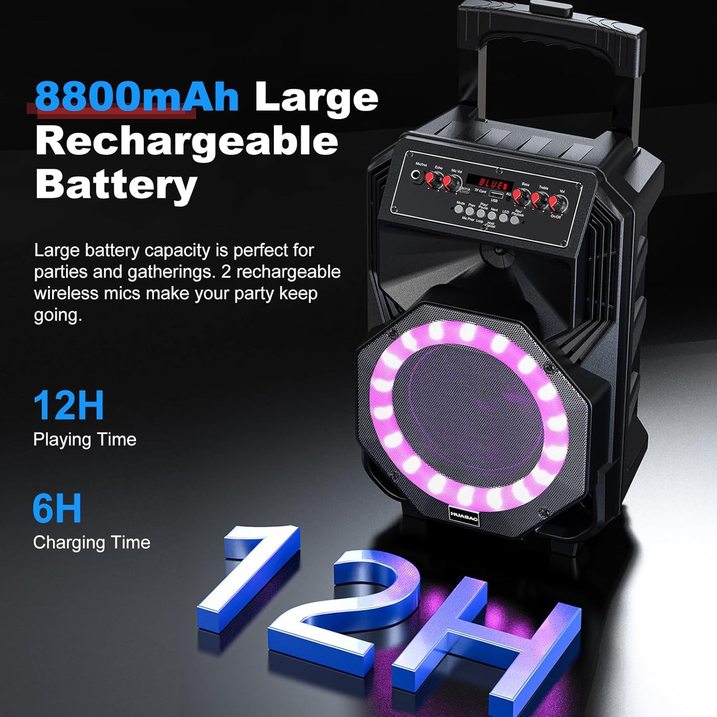 Karaoke Machine with 2 Wireless Microphones, Rolling Wheels, and Trolley – 8800mAh Portable Bluetooth Speaker, PA System with Lights, Adjustable Bass/Treble/Echo for Parties, Indoor and Outdoor Use