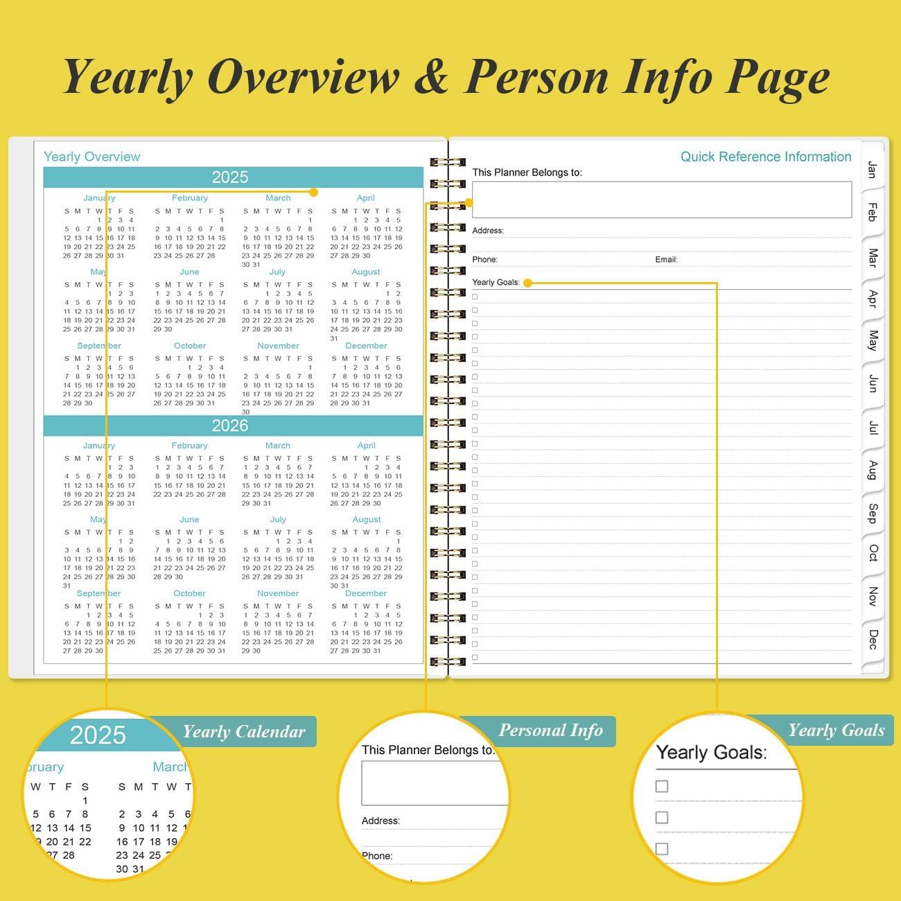 2025 Planner - Planner 2025 from January 2025 to December 2025 with 12 Monthly Tabs, Flexible Cover, Inner Pocket, 8.5" x 11", Yellow