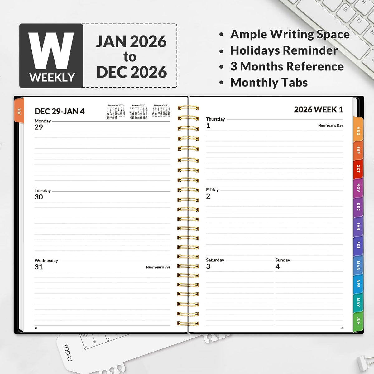 SUNEE 2026 Weekly and Monthly Planner - from January 2026 - December 2026, 6.4" x 8.3" Daily Agenda Planner with Monthly Tab, Flexible Cover, Note Pages, Pockets, Bookmark, Spiral Binding, Black