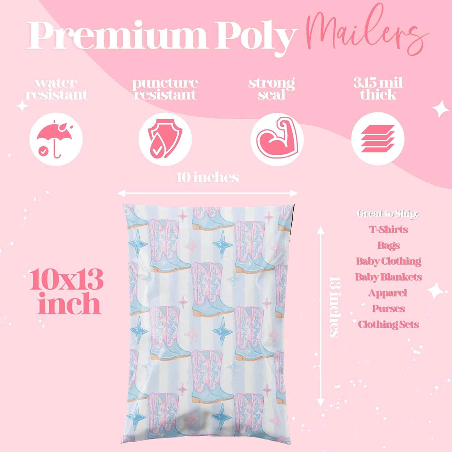 10x13 Designer Poly Mailer 100 Pack Heavy Duty Waterproof Self Seal Shipping Bags for Small Business Large Mailing Envelopes Bulk Tear Resistant Packaging Cowgirl Boots Western