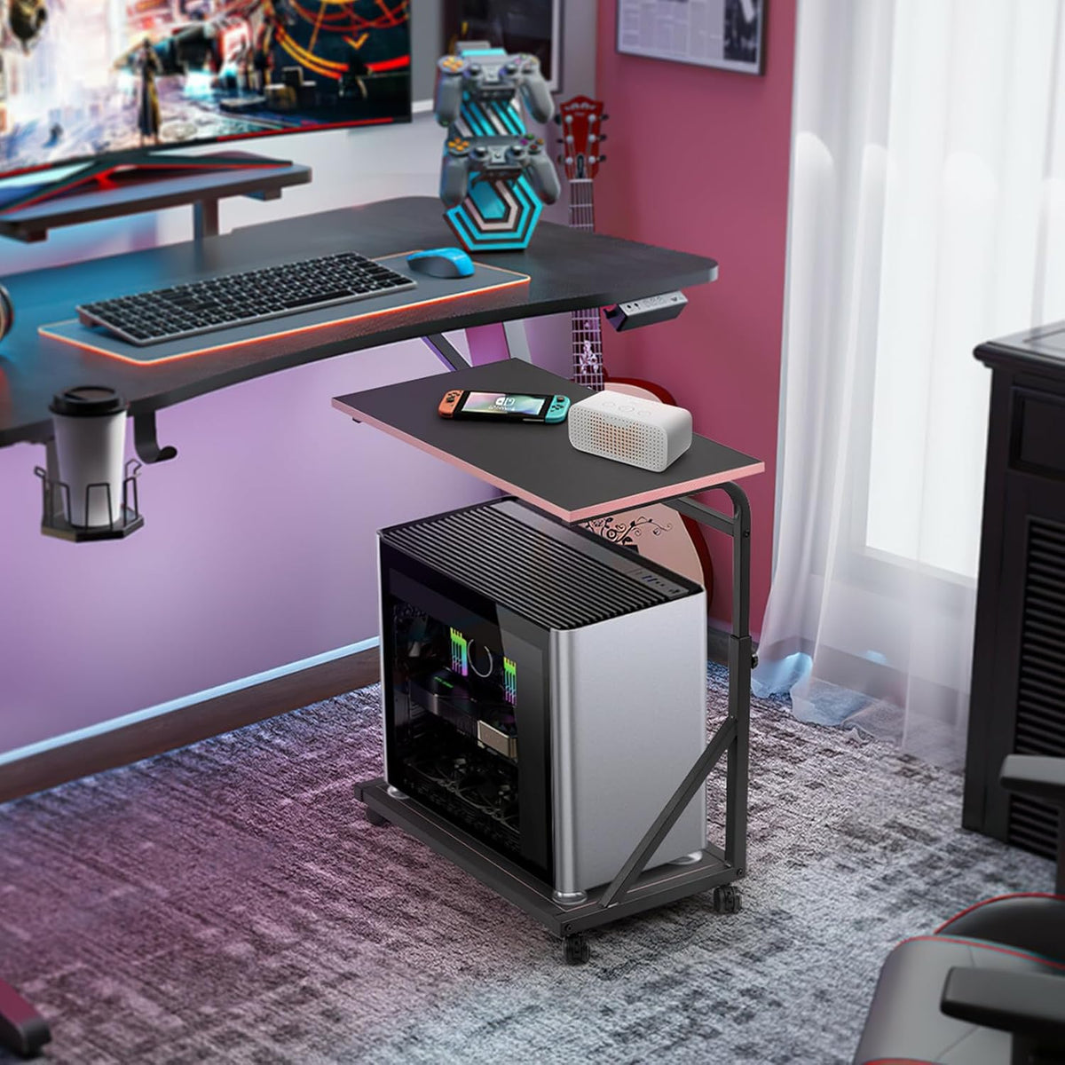 Ergonomic Height Adjustable Computer Tower Stand, 2-Tier CPU Holder Cart Under Desk, PC Floor Stand for Office Gaming Black and Pink
