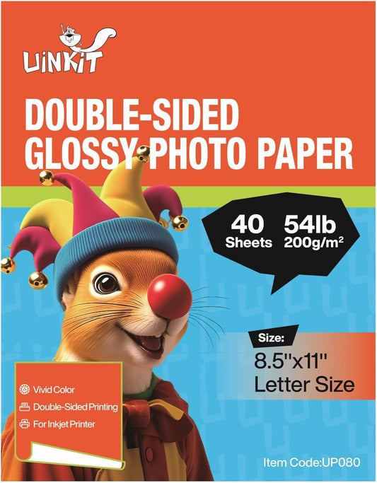 Uinkit 200Gsm 40 sheets 8.5 X 11 Double Sided Photo Paper Glossy 8.5x11 54lbs Inkjet for Dye Ink 200Gsm 9.13Mil for Inkjet Printing Printer (40, 8.5x11)