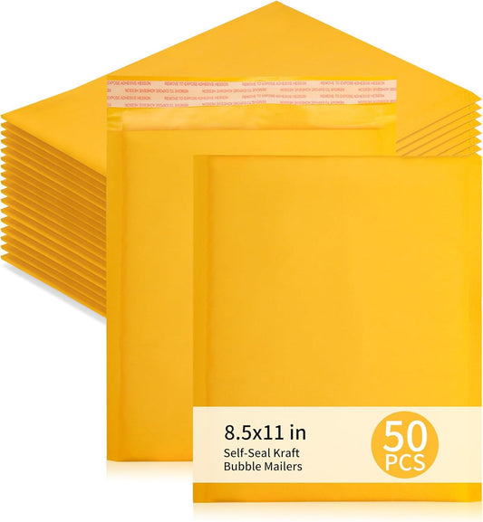 Kraft Bubble Mailers 50 Pack, 9"x12.5" External Dimension, Usable Size 8.5x11" Thick Bubble Envelopes Waterproof Cushioned Padded Mailers Shipping Packaging for Small Business Yellow #000