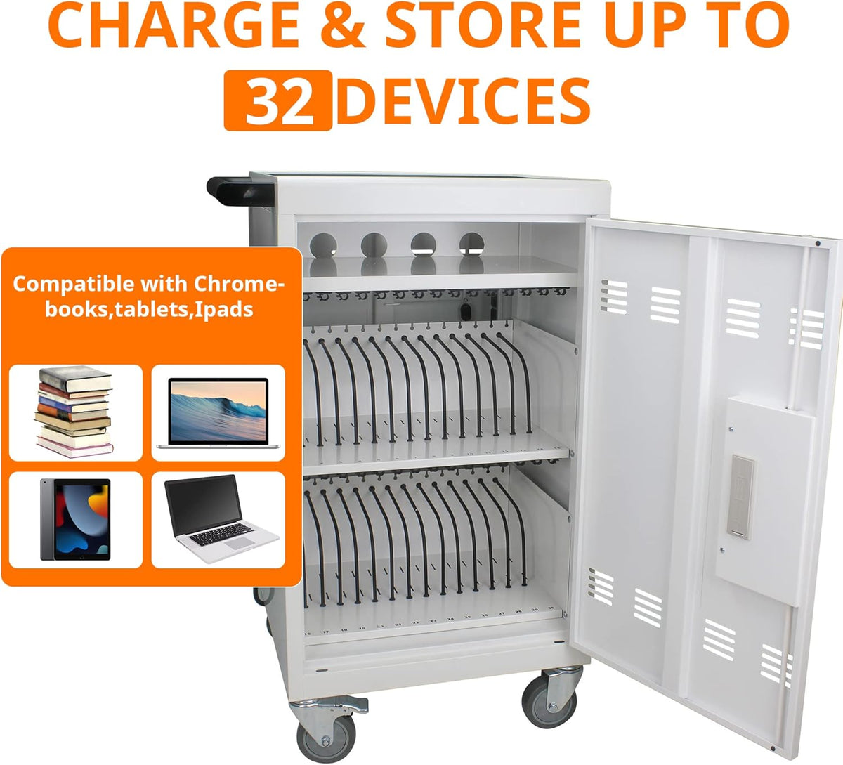 32 Device Mobile Charging Cart with Password Lock, Mobile Ipad Cart for iPads, Chromebooks and Laptop Computers, Locking Charging Station with Lock & Key for The Front Back Door, Surge Protection