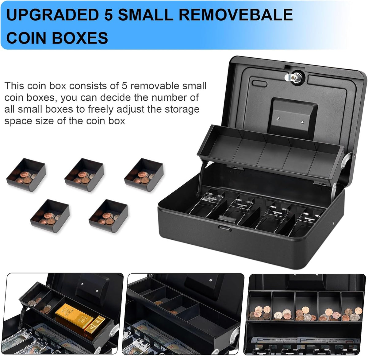 Cash Box Key Lock on Top, 11.8L x 9.5W x 3.5H Inches, Black Metal Money Box with Tray,Tiered Locking Cash Boxes,Durable Lock Safe Box with Key,4 Bill / 5 Coin Slots,Large
