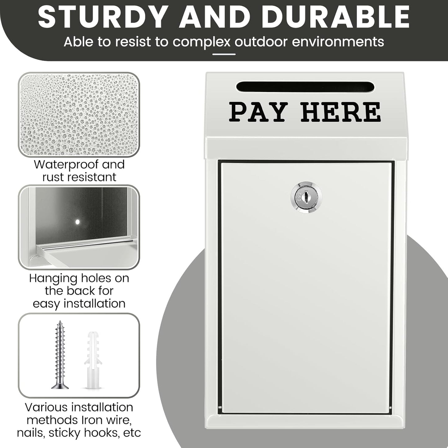 Safe Cash Box Money Collection Metal Donation Box with Lock Wall Mount Pre Drilled Mailbox Delivery Ballot for Home Office Outdoor Self Serve Stand(White,10.2 x 5.7 x 2.8 Inch)