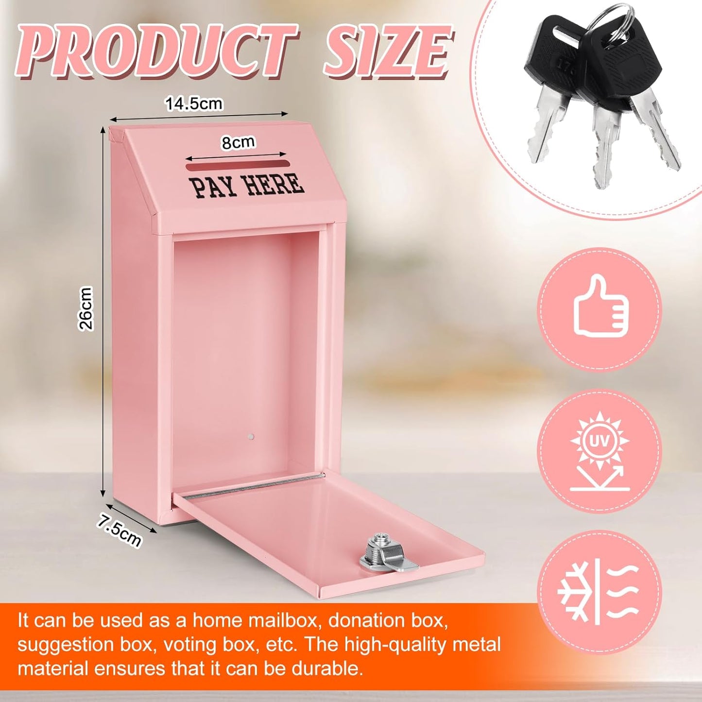 Metal Donation Box Collection Safe Suggestion Box with Lock Wall Mounted Mailbox Delivery Ballot Case Key Drop Case for Home Office Outdoor Door (Pink, 10.24 x 5.71 x 2.95 Inch)