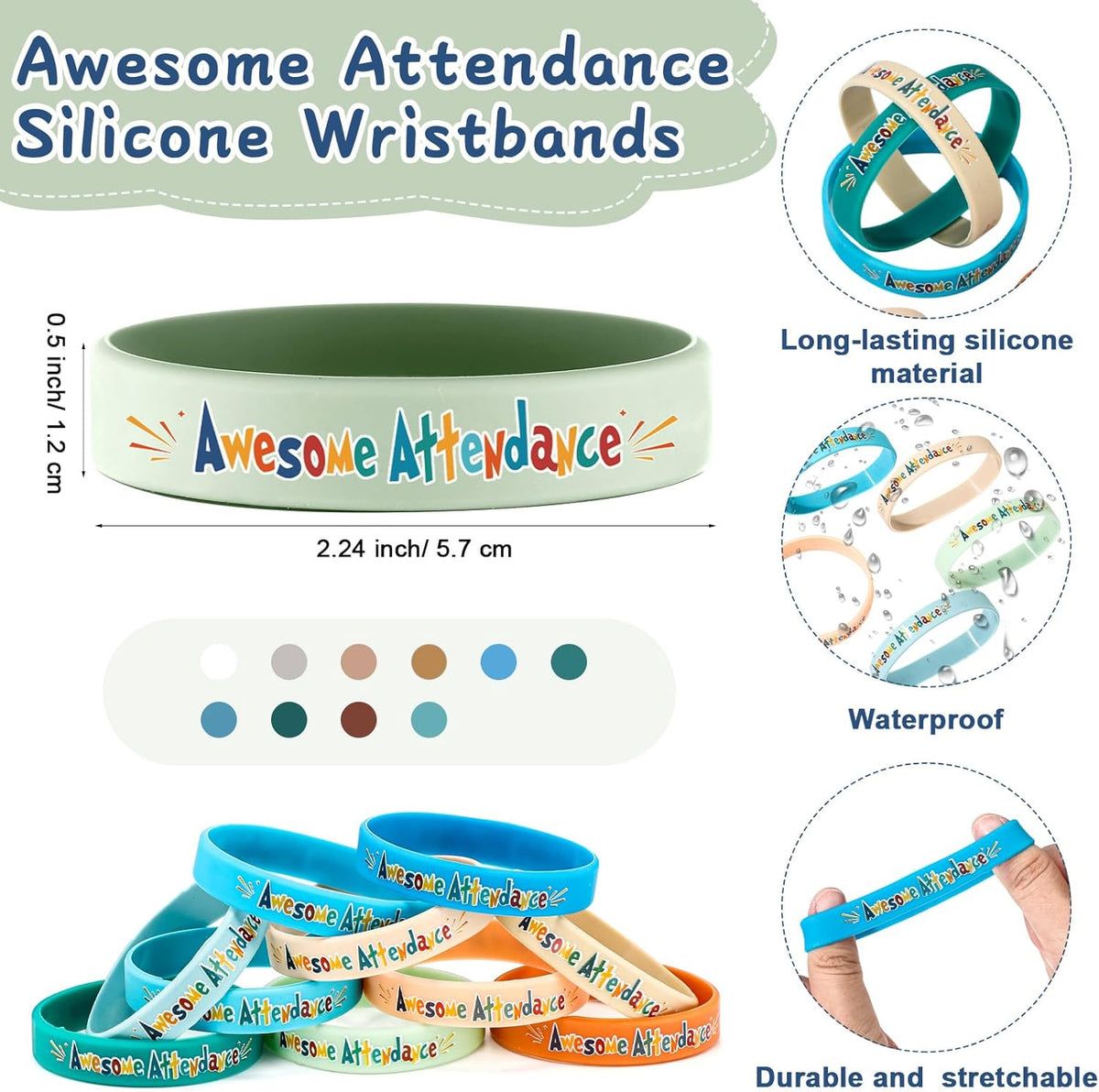200 Pcs Awesome Attendance Wristbands for Students, Perfect Attendance Awards for Classroom Prizes, Unisex Stretch Silicone Motivational Wristbands for Student from Teacher Classroom Prizes