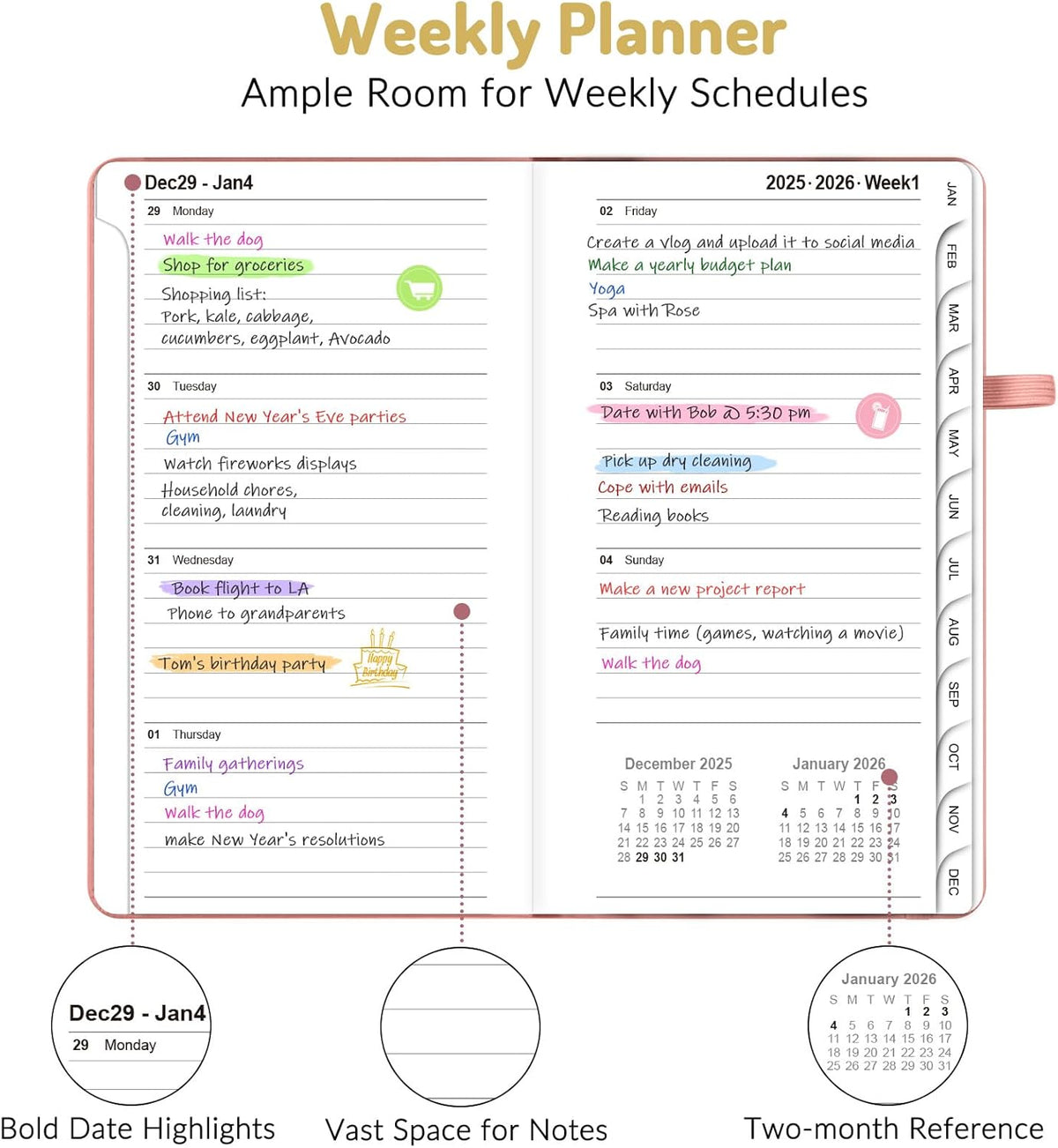 Forvencer Pocket Planner 2026, Weekly Monthly Planners with Month Tabs for Purse, 3.5" x 6", Jan 2025-Dec 2026, Cute Small Daily Academic Calendar, Elastic Band, Hardcover Agenda for Women, Teacher