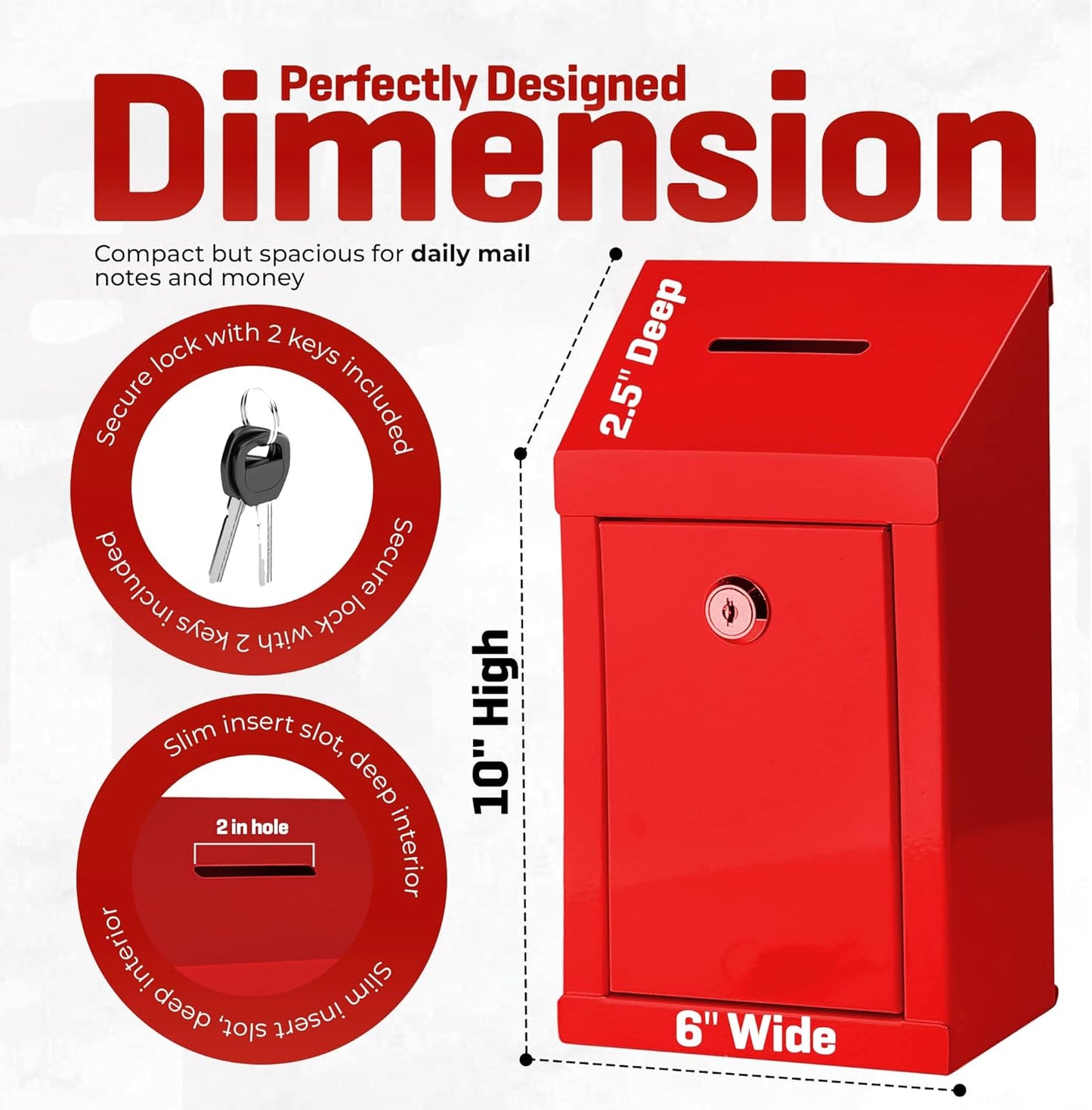 Metal Donation Box-Suggestion Box with Slot and lock-Cash Lock box for Money-Secure Drop Box-Comment and ballot voting box-comes with pre-drilled holes for easy wall mounting 10 X 6 X 2.5"(Red)
