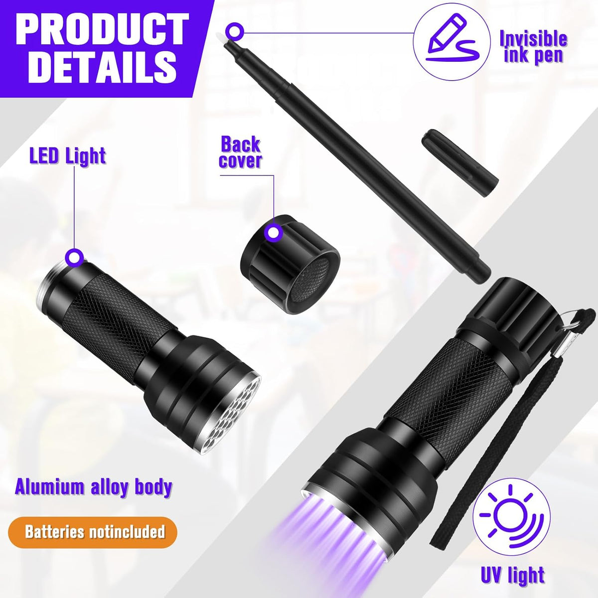 Tegeme 4 Invisible Ink Pen Set 2 Invisible Marker 2 Blacklight Flashlights with UV Black Light Markers Disappearing Ink Pen for Secret Notes Holiday Gifts Party Favors(21 LED)