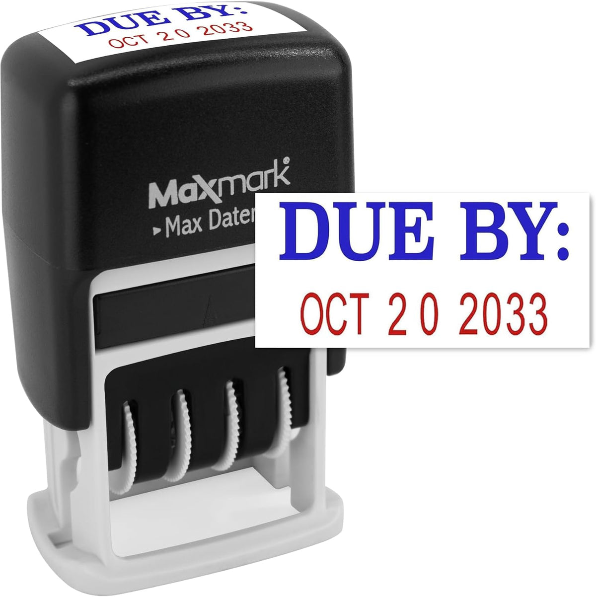MaxMark Self-Inking Rubber Date Office Stamp with Due by Phrase & Date - 2 Color Blue/Red Ink (Max Dater II), 12-Year Band