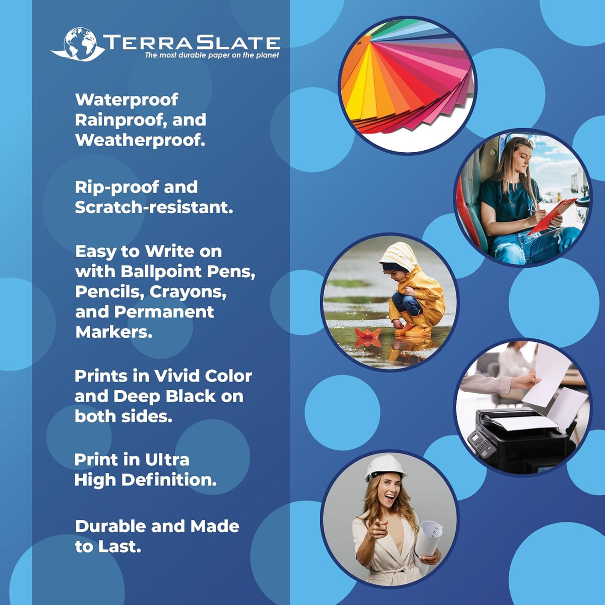 TerraSlate Waterproof Paper, 5 MIL 8.5” x 11”, Laser Printer & Copy Machine Compatible, Durable & Rain/Weather-Proof Copy Paper, White Paper (50 Sheets)