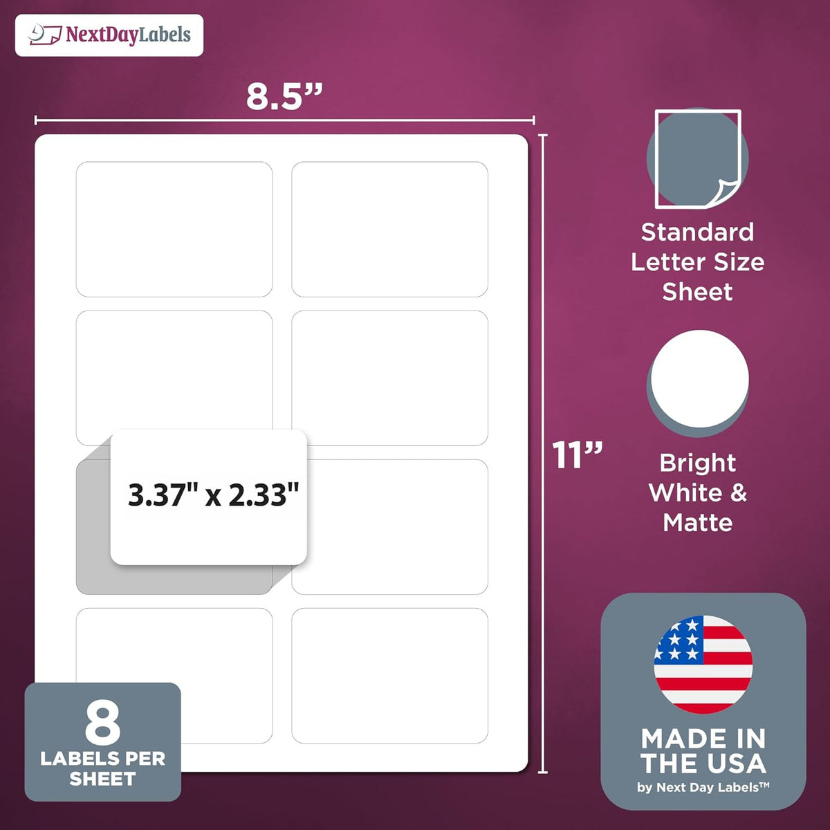 NextDayLabels – 3-3/8" x 2-1/3" Rectangular Sticker Labels for Printer - White Laser/Inkjet Printer Labels Return Address Labels Shipping Label Stickers (1000 Sheets, 8 Per Sheet, 8000 Labels)