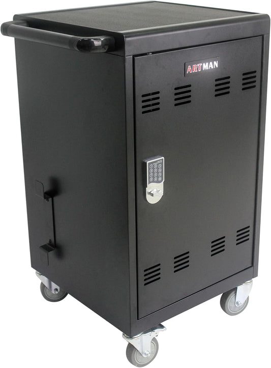 30 Devices Mobile Charging Cart and Cabinet, Laptop Charging Storage Cart, Combination Locks for Front Doors, Easy Cables Manage, Up to 16.3" Screen for Tablets Laptops, Laptop and Chromebook,Black