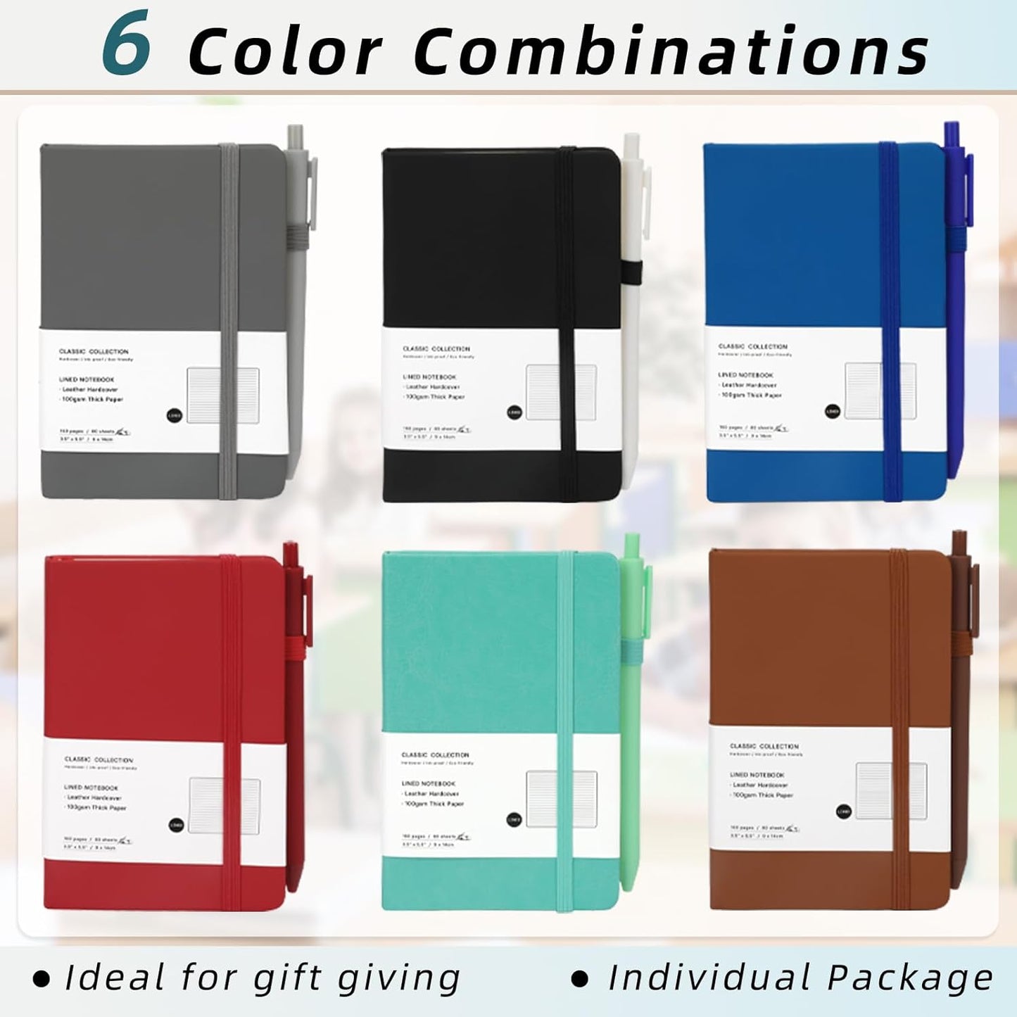 Coopay 6 Pack A6 Pocket Small Notebook with 6 Pens Bulk Classic Hardcover Leather Journal Set with Pen Holder for Men Women Writing, Office, Home, School, Business, 100GSM, 3.5” x 5.5”, Multicolor