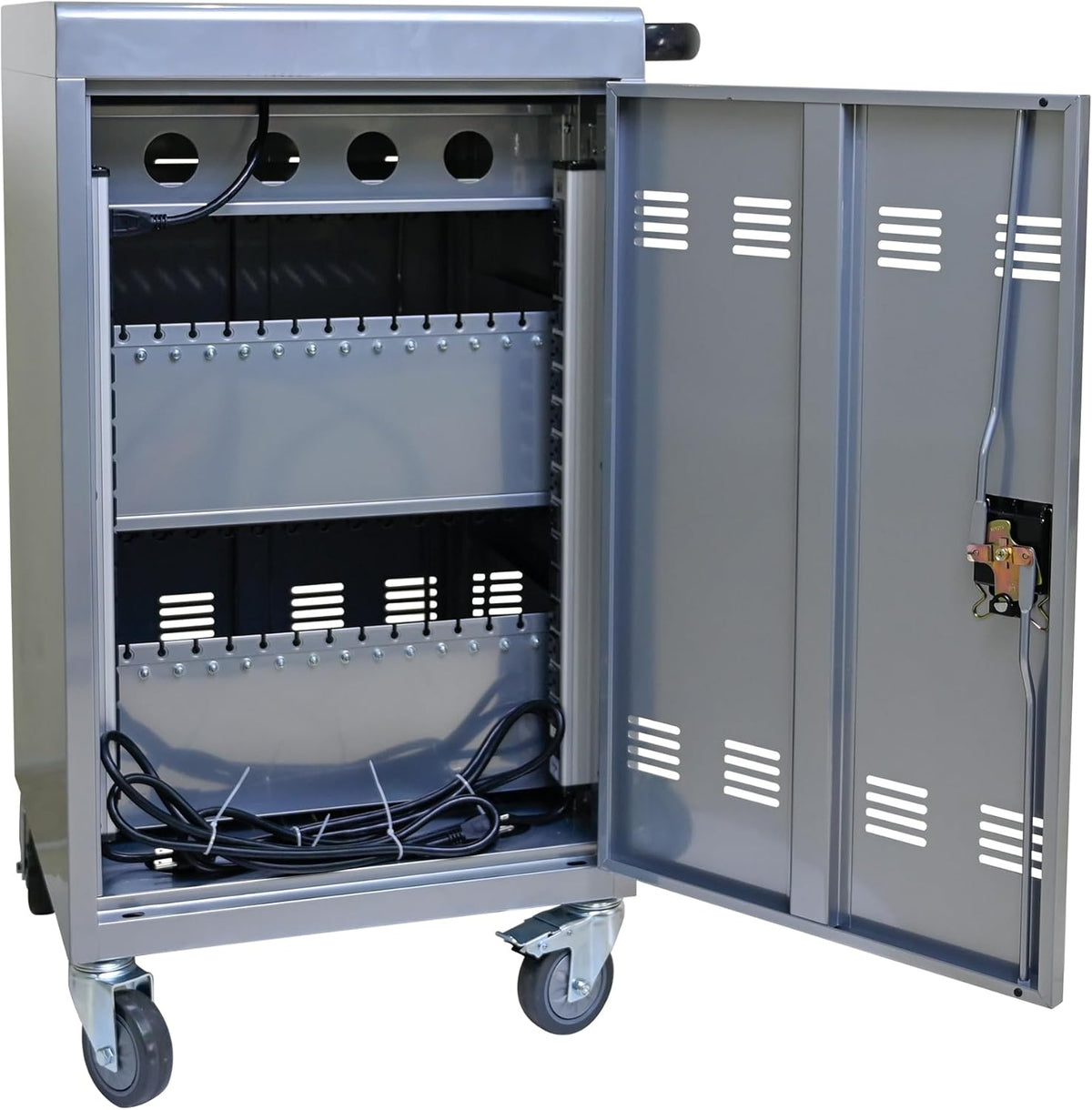 35 Devices Mobile Lockable Charging Cart and Cabinet Up to 16.3" Screen Tablet Storage Cart Charging Trolley Station with Handle and Cable Management Dividers for Tablets Laptops Chromebook Silver