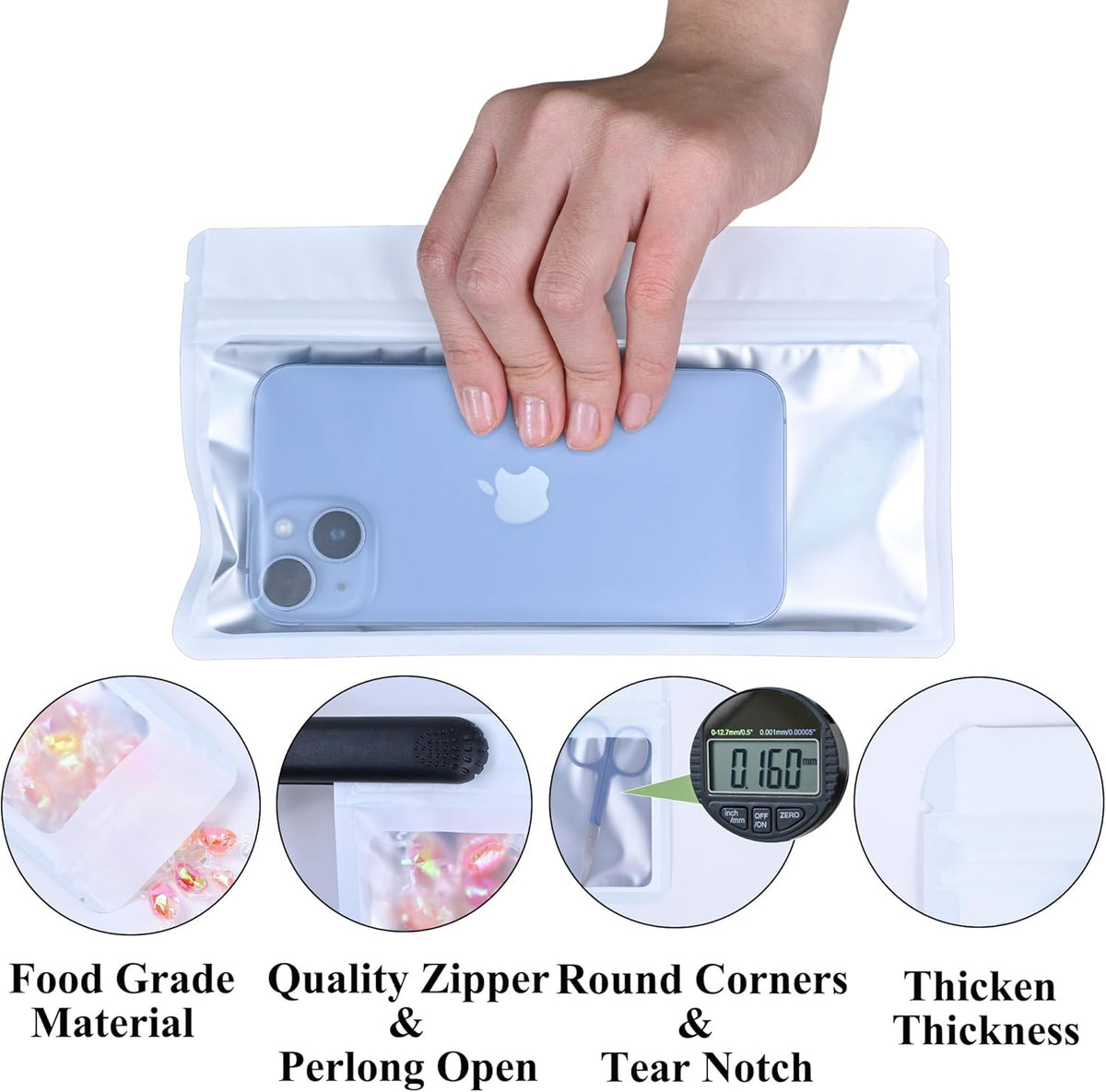 Resealable Mylar Pouch Holographic Bag Great for Office Home Party Favor Food Storage Cookies Sample Jewelry Snack (100PCS, White Color, 5 x 8.6 inch)
