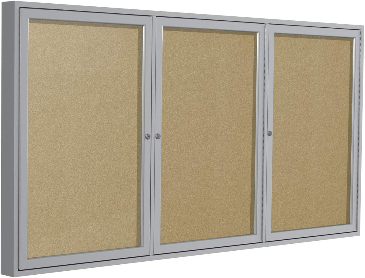 Ghent 36" x 72" 3-Door Outdoor Enclosed Bulletin Board with Lock, Vinyl Material, Shatter Resistant Acrylic Panels, Made in the USA, Satin Aluminum Frame - Caramel
