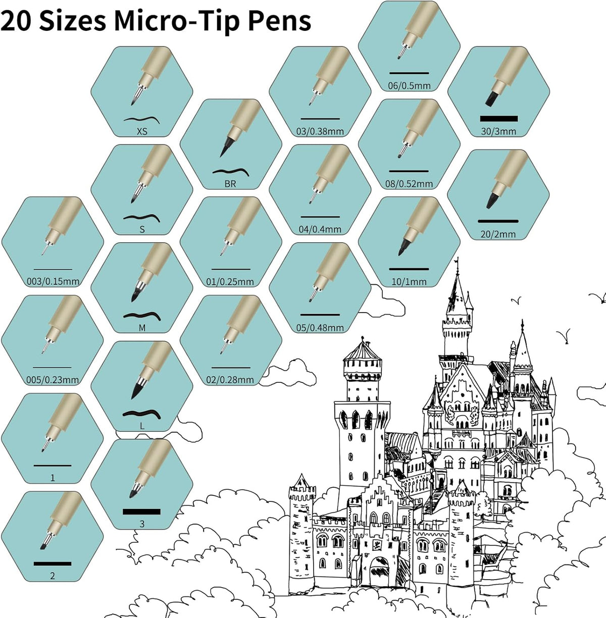L Micro Pen, 6 Pack Black Fine Point Pen with Waterproof Archival Ink, 2-5mm Fineliner Ink Pens for Artist Illustration, Sketching, Anime, Manga, Technical Drawing and Scrapbooking