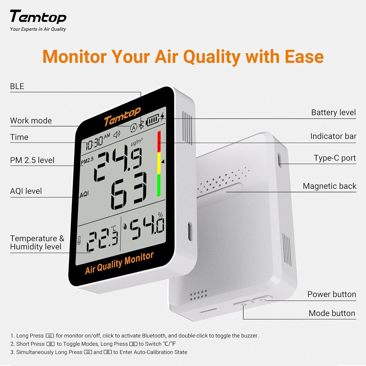 Temtop Smart Indoor Thermometer S1+, Accurate Temperature & Humidity Measurement, Real-Time PM2.5 AQI Display, Digital Hygrometer for Home, Office, or School, App Connectivity, 60-Day Battery Life