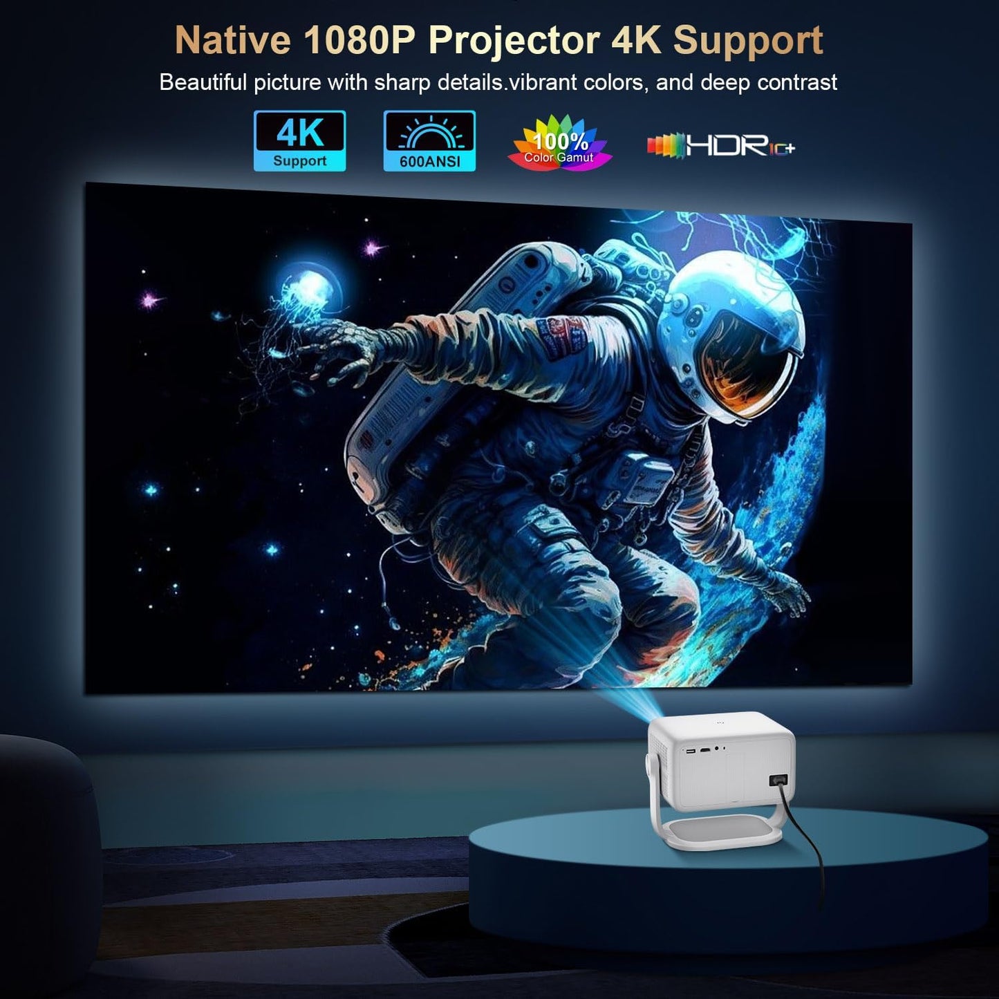 Smart Projector with WiFi and Bluetooth, 1080P Native 4K Support, 600 ANSI Lumen, Electric Focus & Auto Keystone, Built in Apps, Mini Portable Projector for Outdoor Movies Home Theater