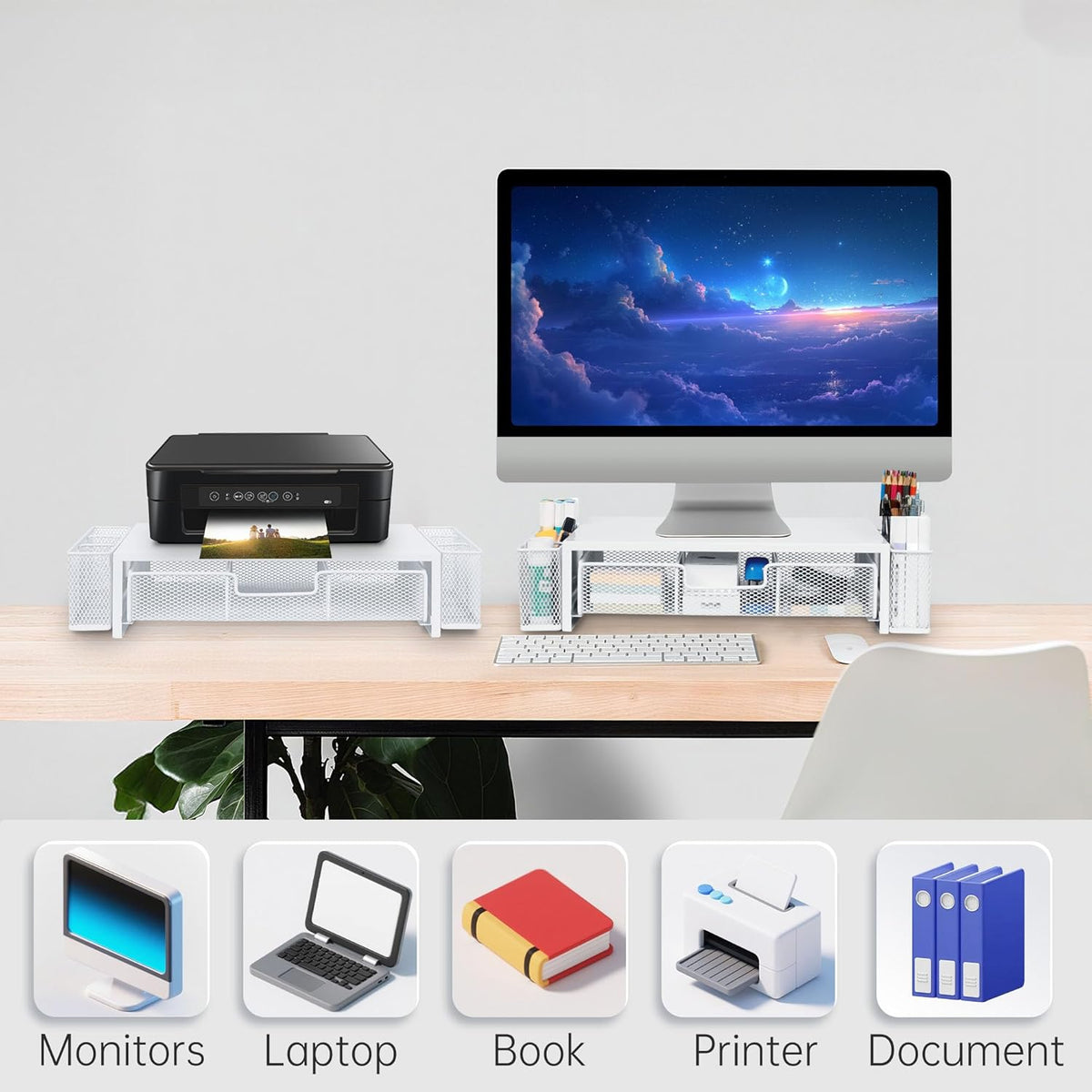 Computer Monitor Stand Riser with Drawer and Pen Holders, Desk Organizer Shelf and Accessories, Office Desk Accessories, Office Organization, White