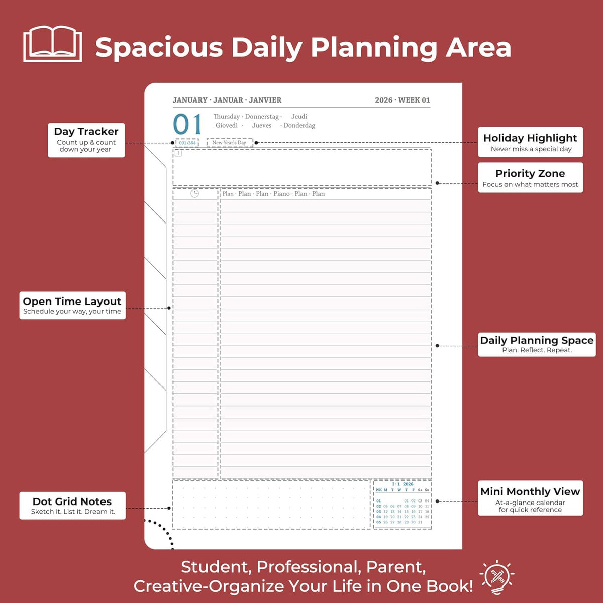 Daily Planner 2026 with One Page Per Day,(A5-8.5" x 5.9"),12 Months Calendar Hourly Appointment Book Monthly Tabs & Self-adhesive Pen Holder,Inner Pocket, Vegan Leather Hardback,Red