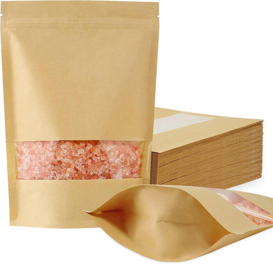 FireKylin Brown Paper Bags Stand Up Pouches Zipper Reusable Sealable 100 Pcs, with Window, 5.5" x 7.9", Food Storage Bags, for Packaging Products