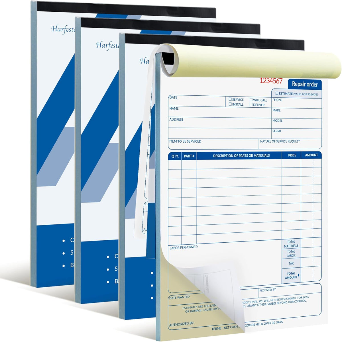Repair Order Book, 2 Part Carbonless Job Work Order Forms - White/Yellow, 5-7/10 x 8-1/4 Inches, Invoice Receipt Book for Small Business, Consecutively Numbered, 200 Sets (4 Packs)